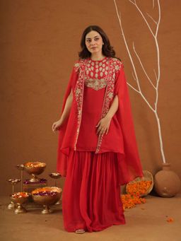 ONEWE INDIA - Meherbaan Red Zari Work Kurta With Sharara And Shrug