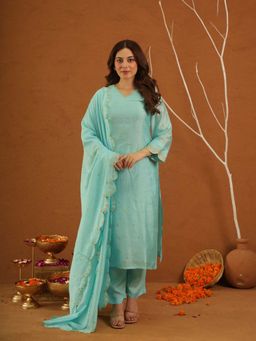 ONEWE INDIA - Noor Mahal Sky Chanderi Aari Work Kurta With Pant And Dupatta