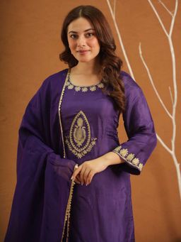ONEWE INDIA - Zehra Purple Silk Zari Work Kurta With Salwar And Dupatta
