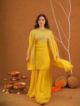 ONEWE INDIA - Parizet Yellow Zari Work Kurta With Sharara And Shrug