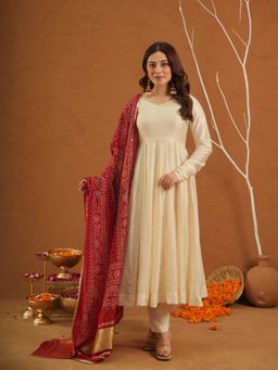 ONEWE INDIA - Roohi Off White Chanderi With Bandhej Anarkali Kurta With Pant And Dupatta