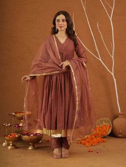 ONEWE INDIA - Zariya Brown Chanderi Gota Anarkali Kurta With Pant And Dupatta