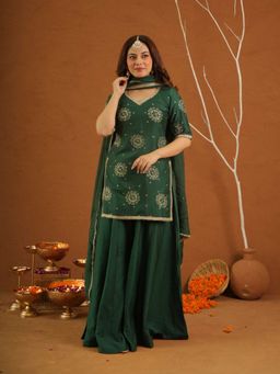 ONEWE INDIA - Tarannum Green Muslin Zari Work Kurta With Sharara And Dupatta