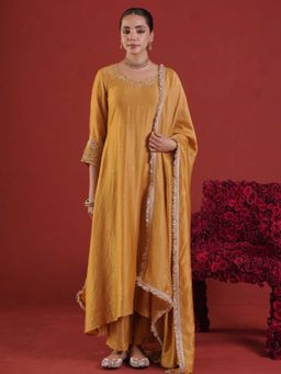 ONEWE INDIA - Mustard Chanderi Zari Embroidery Kurta with Pant and Dupatta