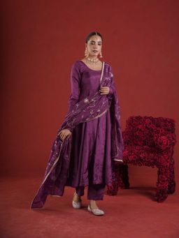 ONEWE INDIA - Purple Embroidered Silk Anarkali Kurta with Pant and Dupatta