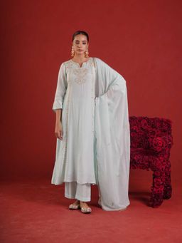 ONEWE INDIA - Blue Silk Zari Embroidered Kurta with Pant and Dupatta