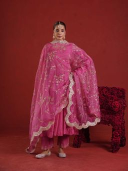 ONEWE INDIA - Rose Pink Chanderi Anarkali with Pant and Organza Dupatta