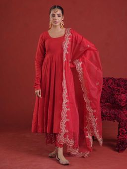 ONEWE INDIA - Red Chanderi Anarkali with Pant and embroidered Organza Dupatta