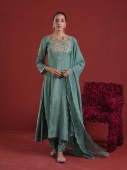 ONEWE INDIA - Sage Green Silk Hand Embellished Kurta with Pant and Dupatta