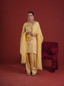 ONEWE INDIA - Yellow Silk Embroidered Kurta with Farsi Salwar and Dupatta