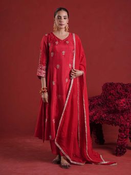 ONEWE INDIA - Red Silk Aari and Sequence Work Embroidery Kurta with Pant and Dupatta