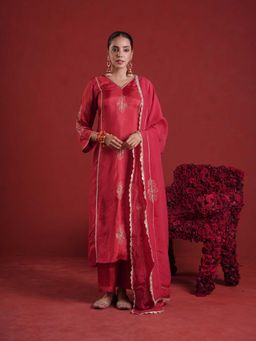 ONEWE INDIA - Maroon Silk Zari Embroidered Straight Kurta with Pant and Dupatta
