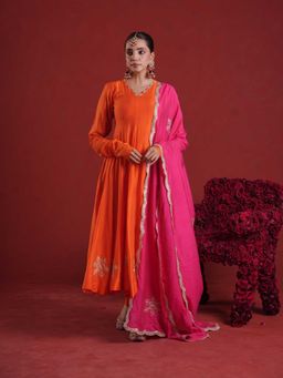 ONEWE INDIA - Orange Chanderi Pink Anarkali Kurta with Pant and Dupatta