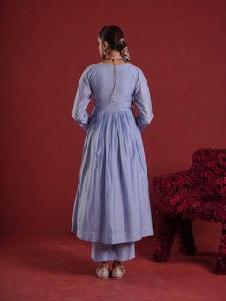ONEWE INDIA - Light Blue Chanderi Gathered Kurta with Pant and Dupatta