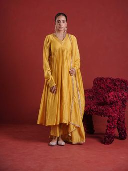 ONEWE INDIA - Mustard Chanderi Sequence Work Gathered Kurta with Pant and Dupatta