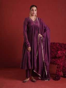 ONEWE INDIA - Purple Chanderi Sequence Work Gathered Kurta with Pant and Dupatta
