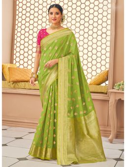 Sangam Prints - Green Zari Work Traditional Saree with Unstitched Blouse