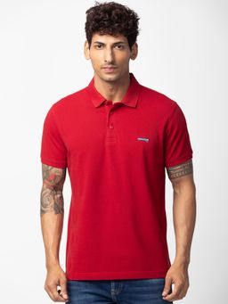 Spykar - Red Polo Collar Half Sleeves Cotton Blend T-Shirt For Men