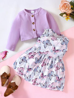 Hopscotch - Butterfly Print Sleeveless Casual Dress with Full-Sleeve Jacket