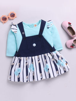Hopscotch - Girls Aqua & Navy Stripe Print Casual Dress with T-Shirt