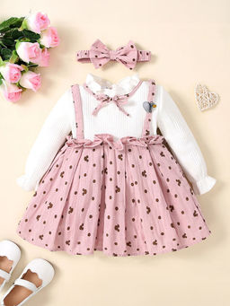 Hopscotch - Girls Pink Polka Dot Print Casual Dress with Headband