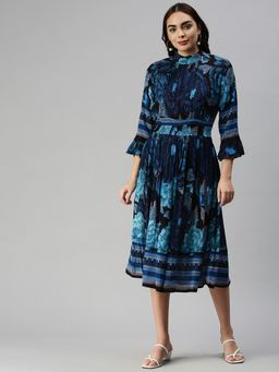 SHOWOFF - Women Blue Floral High Neck Dress