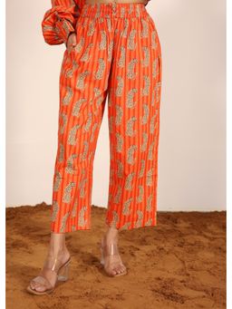 Kaori By Shreya - Orange Printed Elastic Waist Relaxed Cotton Trousers