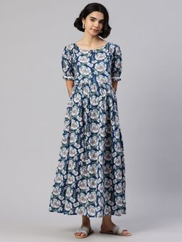 Swishchick - Navy Blue Floral Printed Maternity Dress with Concealed Feeding Zip