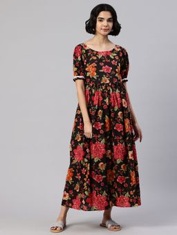 Swishchick - Black and Red Floral Printed Maternity Dress with Concealed Feeding Zip