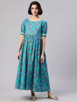 Swishchick - Blue and Red Floral Printed Maternity Dress with Concealed Feeding Zip