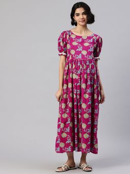 Swishchick - Magenta and Yellow Printed Maternity Dress with Concealed Feeding Zip