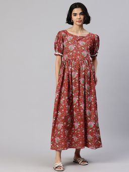 Swishchick - Rust Orange and Pink Printed Maternity Dress with Concealed Feeding Zip