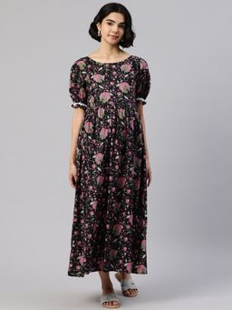 Swishchick - Black and Pink Printed Maternity Dress with Concealed Feeding Zip