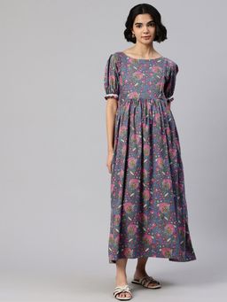 Swishchick - Grey and Pink Printed Maternity Dress with Concealed Feeding Zip