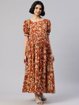Swishchick - Rust and Cream Printed Maternity Dress with Concealed Feeding Zip