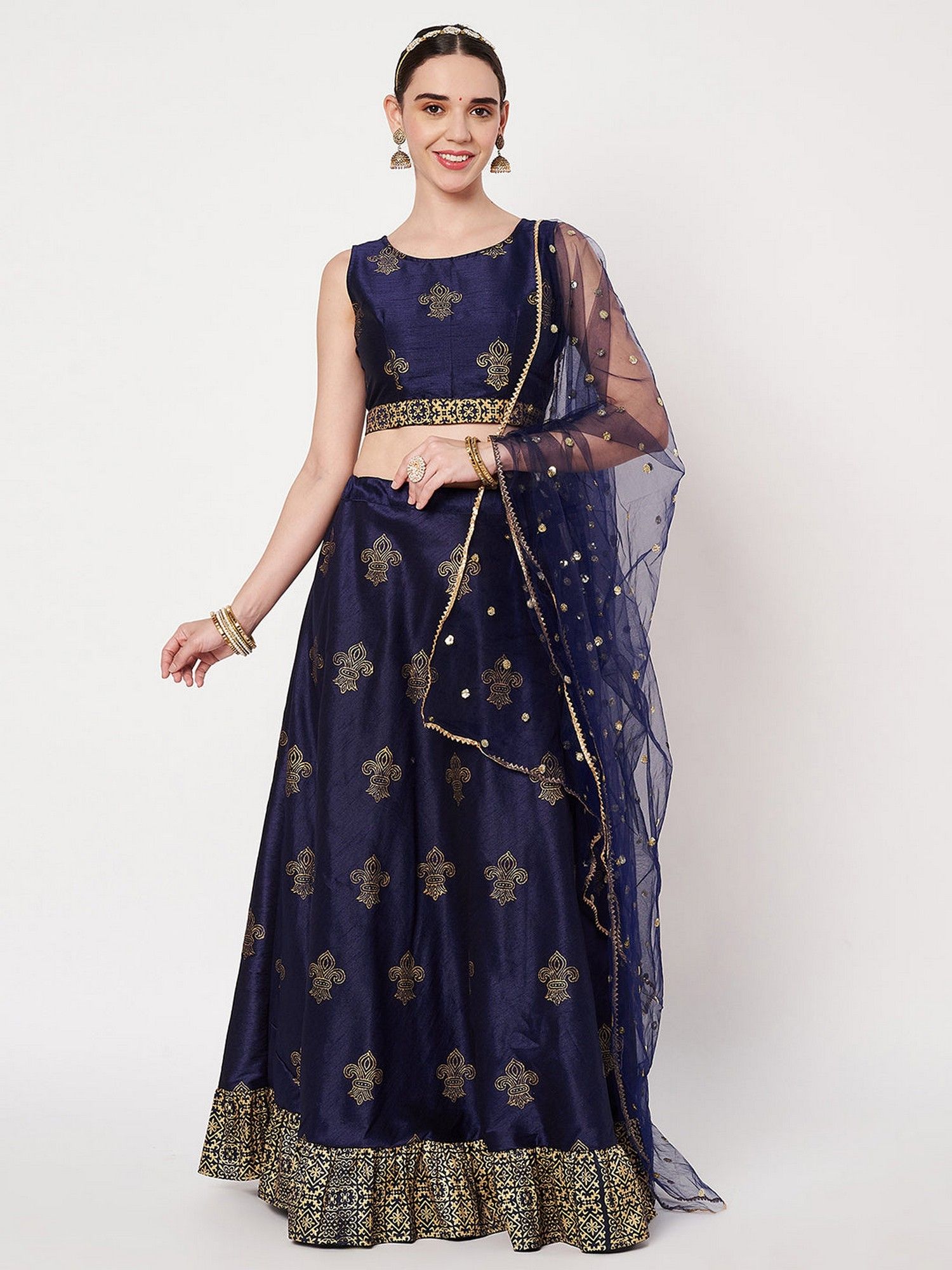 studio rasa Navy Blue Dupion Hand Block Printed Bias Lehenga with Choli and Dupatta-picture-14