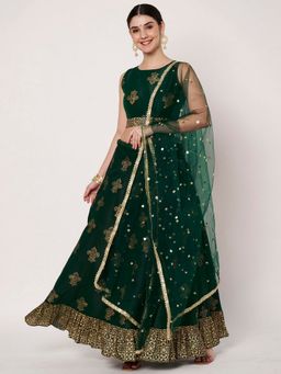 Studio Rasa - Green Dupion Hand Block Printed Bias Lehenga with Choli and Dupatta