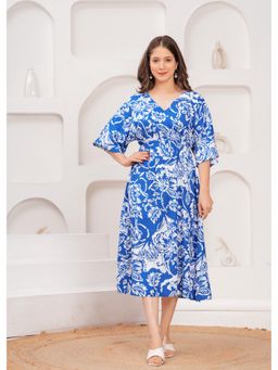 MANOJAVA - Women Blue Rayon Floral Printed Trendy Dress