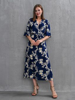 MANOJAVA - Women Navy Blue Floral Rayon Printed Trendy Dress with Belt