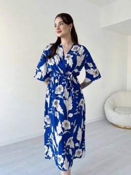 MANOJAVA - Women Blue Rayon Printed Trendy Dress with Belt