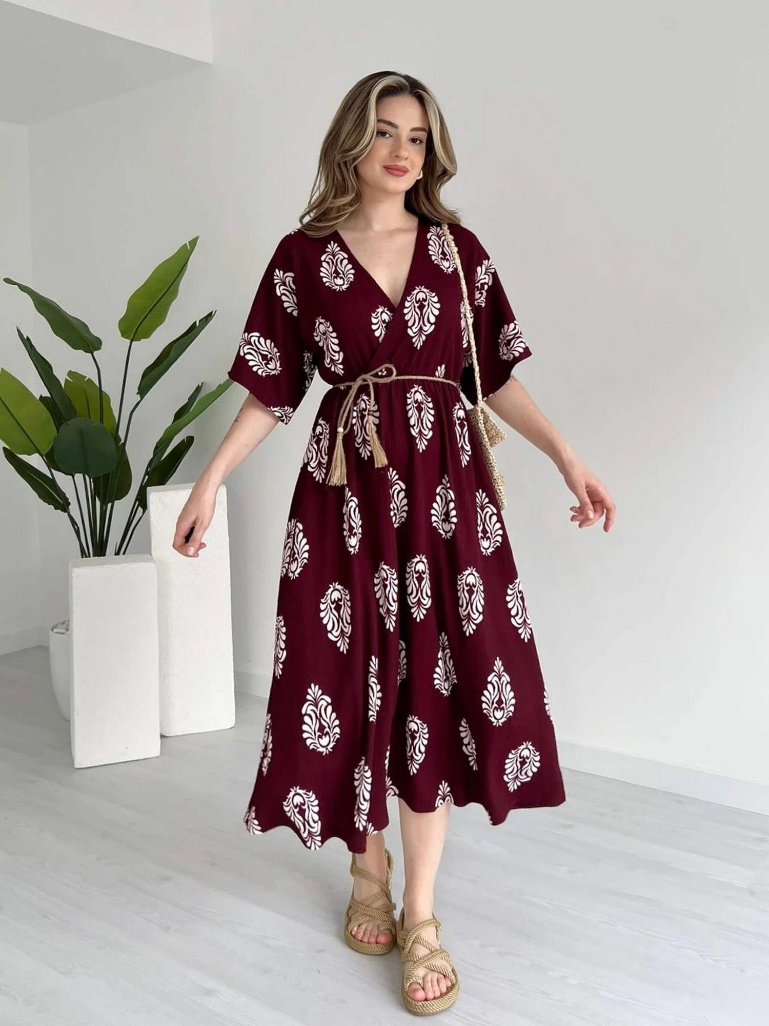 manojava Women Maroon Rayon Printed Trendy Dress with Belt-picture-15