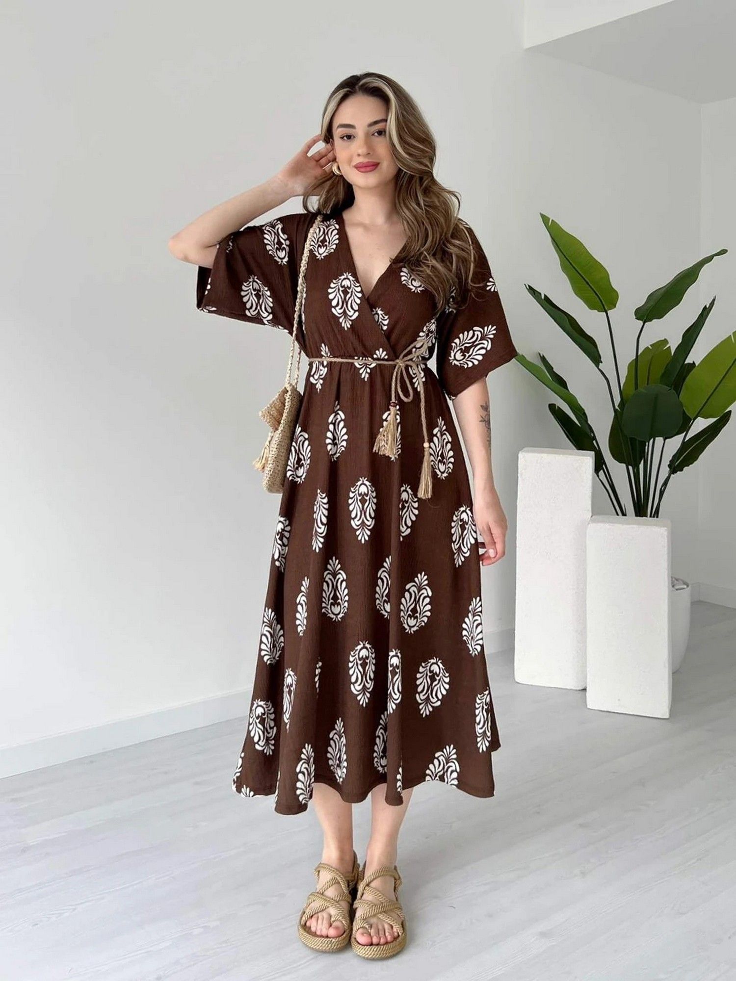 manojava Women Brown Rayon Printed Trendy Dress with Belt-picture-29