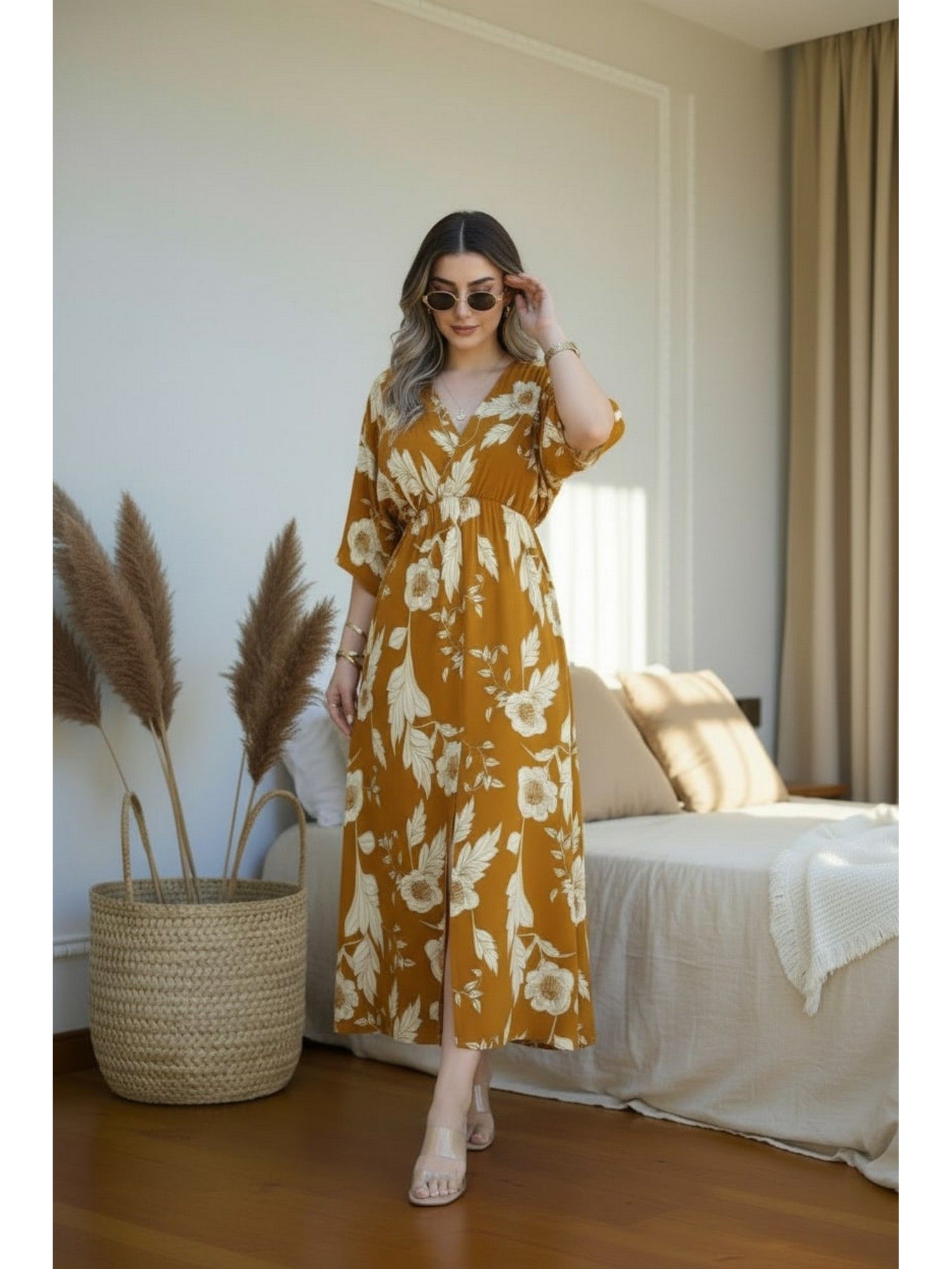 manojava Women Yellow Floral Rayon Printed Trendy Dress-picture-14