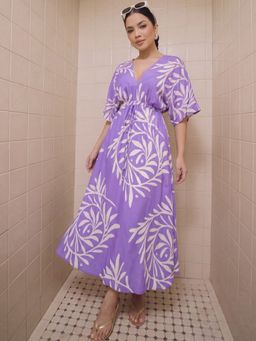 MANOJAVA - Women Purple Printed Rayon Printed Trendy Dress
