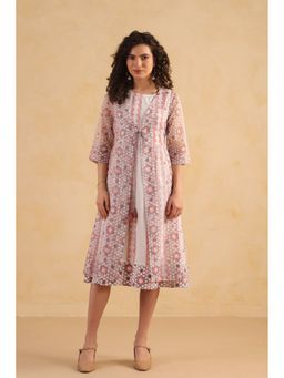 RATAN JAIPUR - Peach Kota Doria Dress with Shrug