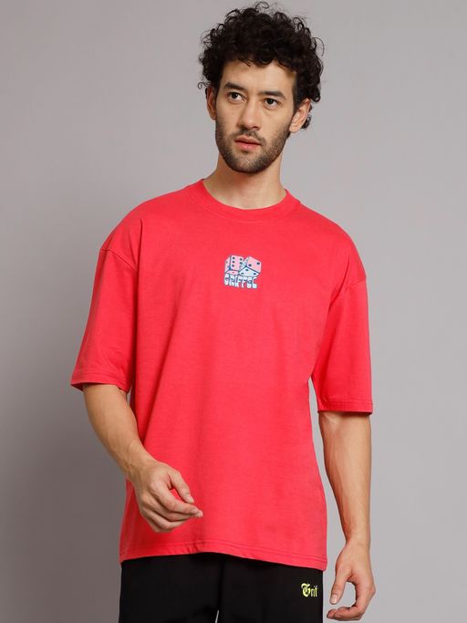 Buy Griffel Men Dice Neon Pink Oversized Drop Shoulder T-Shirt Online