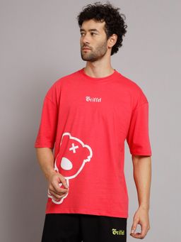 Griffel - Men Teddy Neon Pink Oversized Drop Shoulder T-Shirt