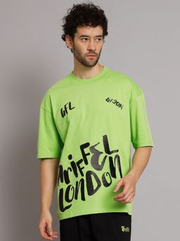Griffel - Men Printed Neon Green Oversized Drop Shoulder T-Shirt
