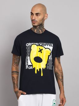 Griffel - Men Printed Melted Teddy Face Navy Regular Fit Cotton T-Shirt