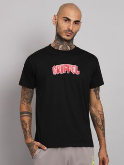 Griffel - Men Printed Reflective Smokework Black Regular Fit Cotton T-Shirt